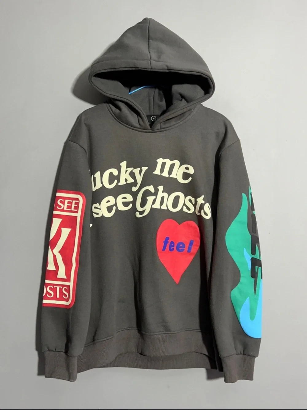 Cactus Plant Flea Market Black Hoodie with Pink Heart and Green Flame Sleeves
